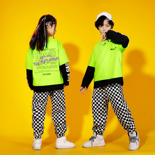 kids Boys rapper singer hiphop street jazz dance costumes for girls neon green with black plaid  hip hop gogo dancers jazz dance performance outfits